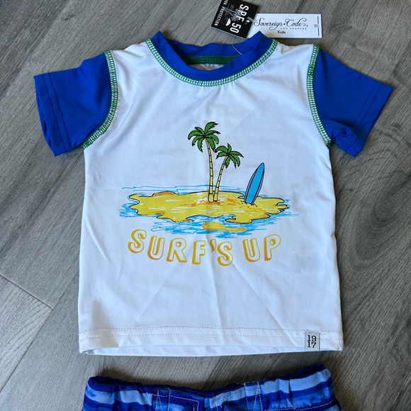 NWT Baby Boy Graphic Rashguard Swim Top & Trunks Set, White/Blue - Picture 4 of 8